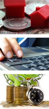 houses, laptop and chained piggy bank