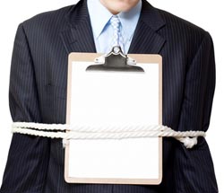 employee restrained with rope and contract